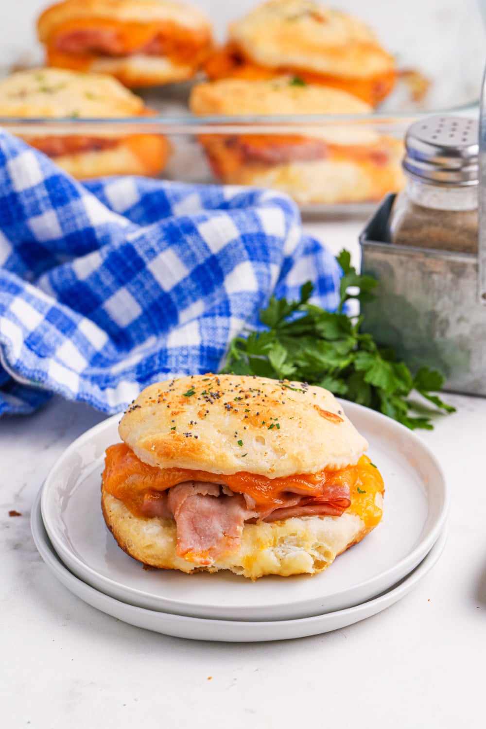 Ham and cheddar biscuit sliders on plate