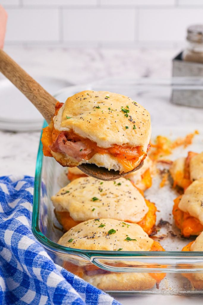 Ham and cheddar biscuit sliders in baking pan