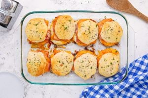 Ham and Cheddar Biscuit Sliders in a baking dish