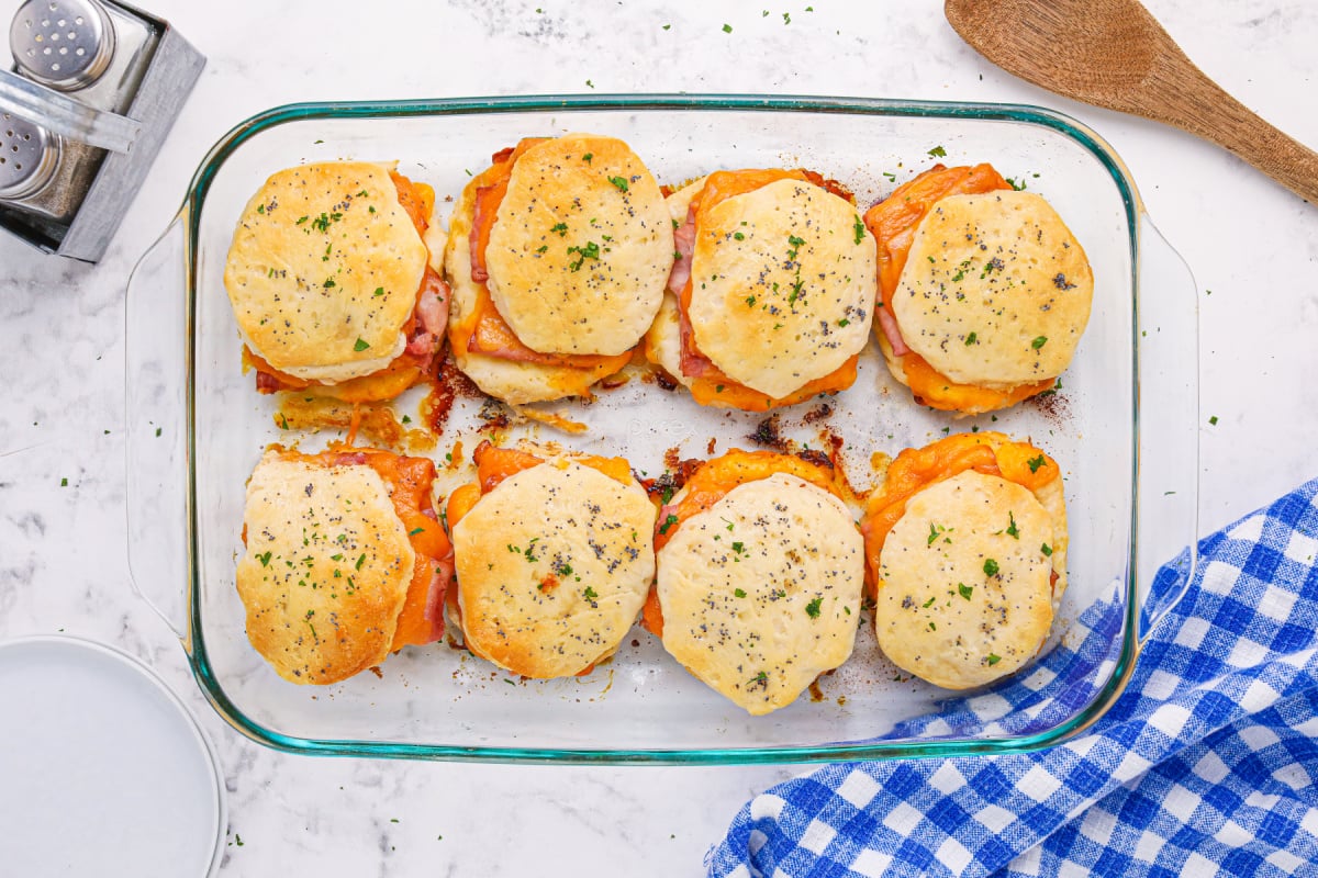 Ham and cheddar biscuit sliders in baking pan