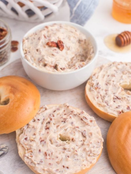 Honey Pecan Cream Cheese Spread spread on bagels
