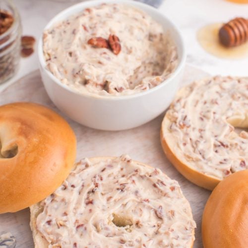 Honey Pecan Cream Cheese Sauce Spread on Bagel