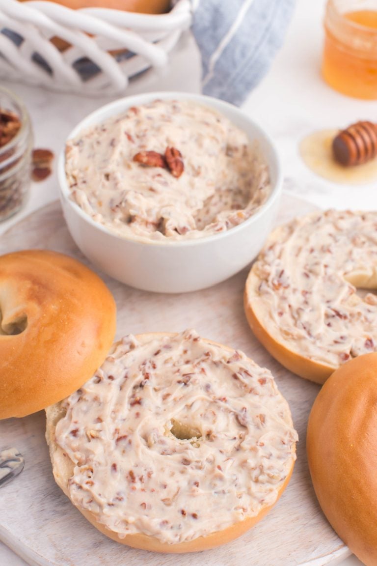 Honey Pecan Cream Cheese Spread spread on bagels