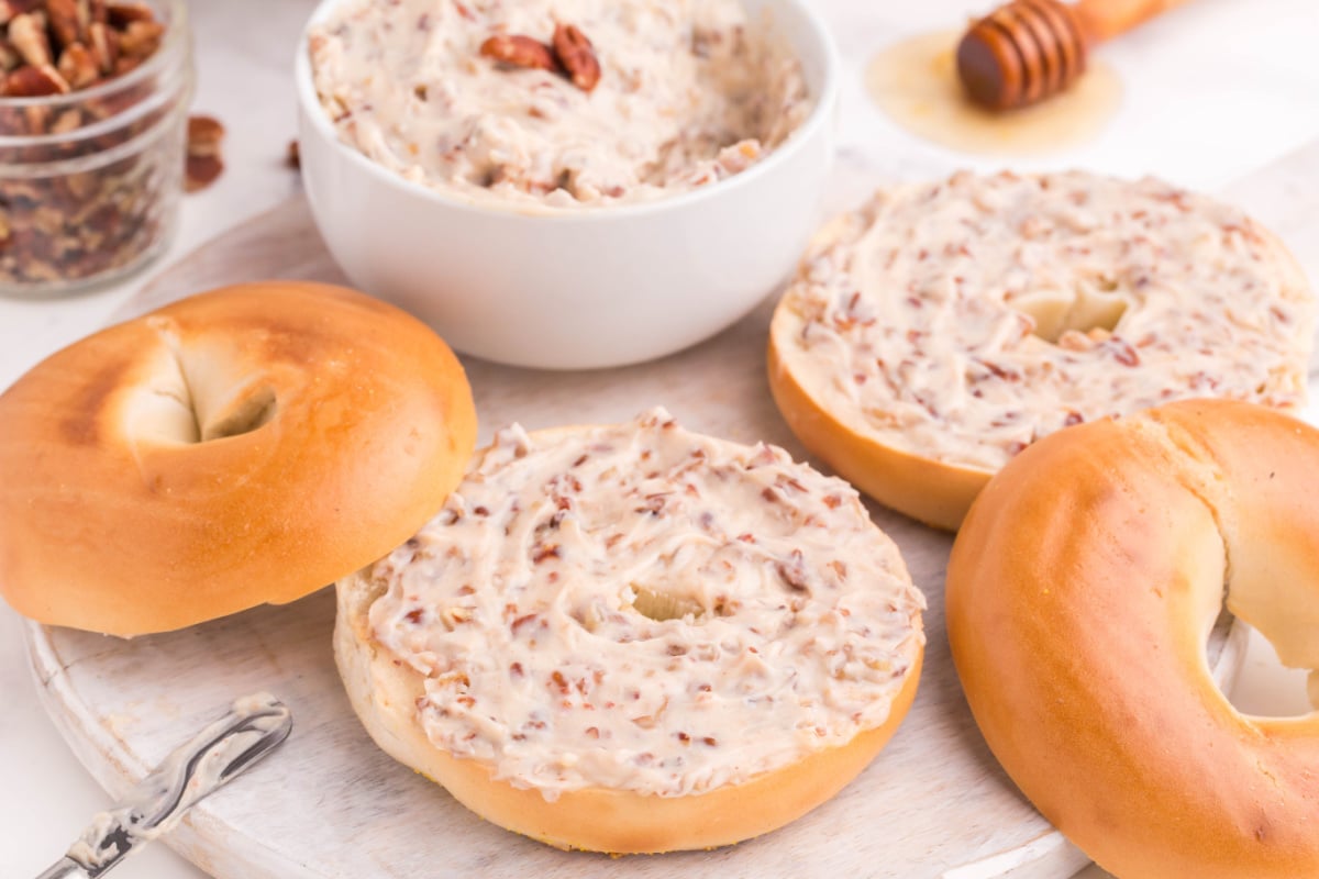 Honey Pecan Cream Cheese Spread on Bagels
