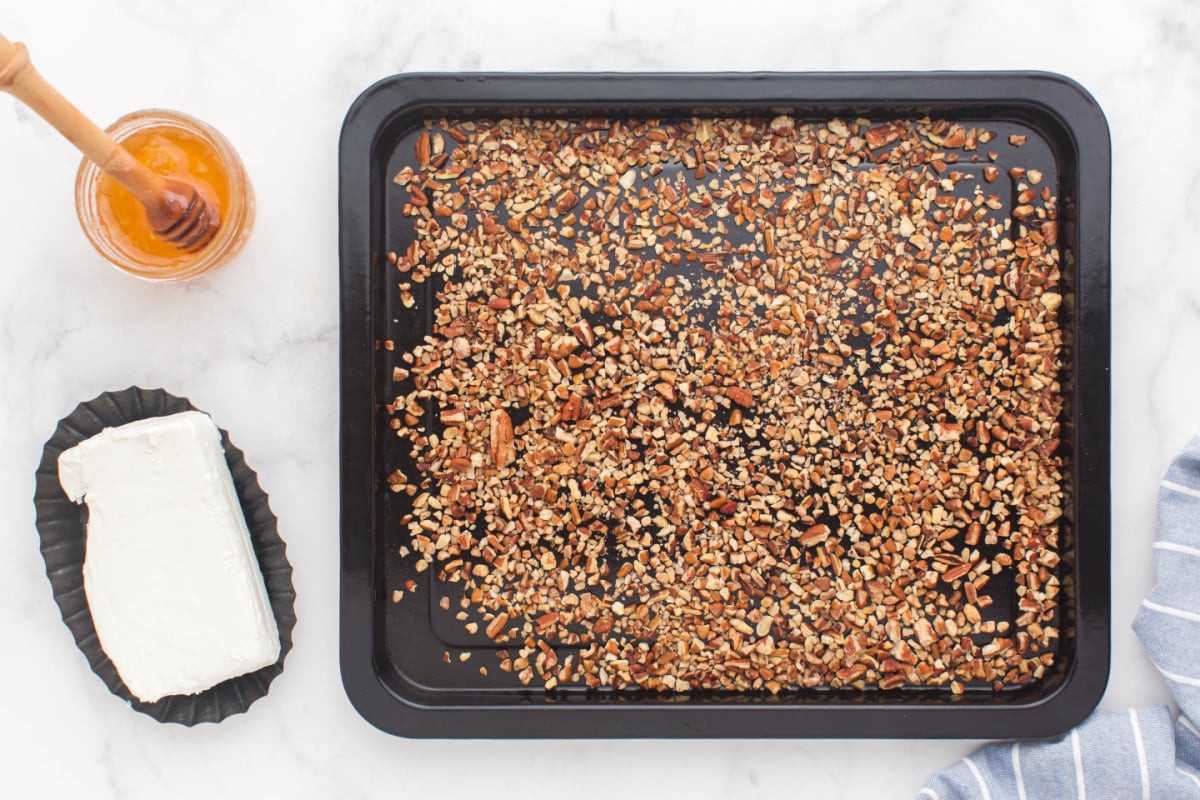 Pecan slices on baking sheet