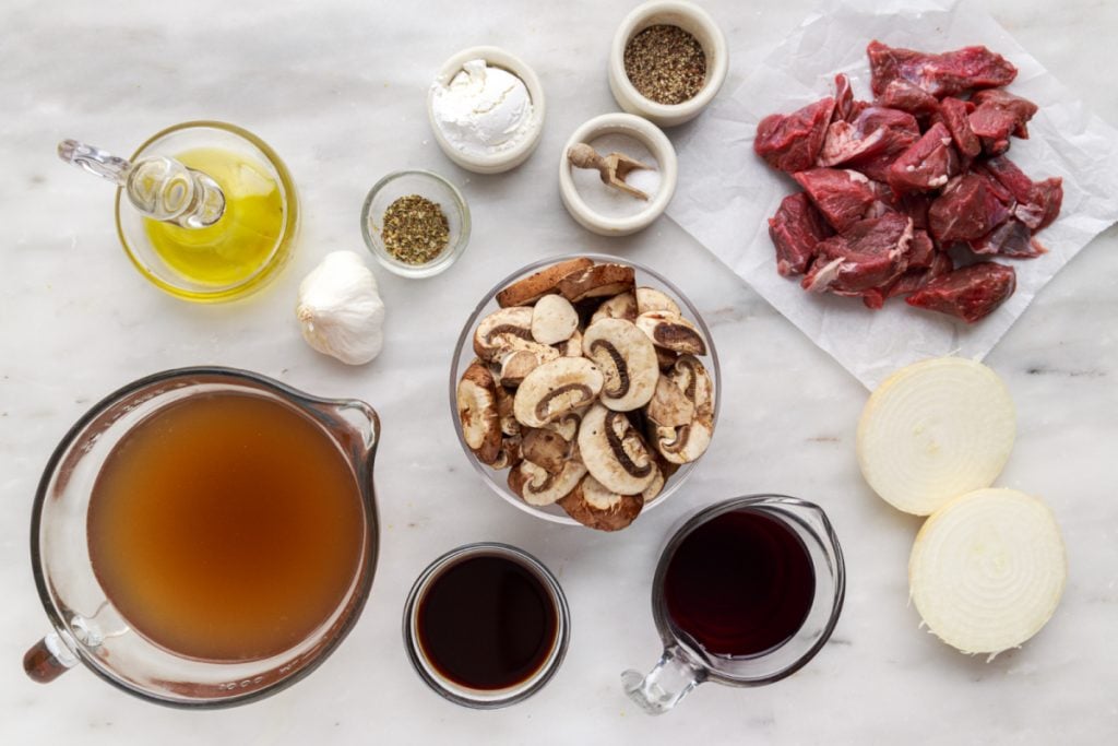 Ingredients for beef stew in mushroom sauce