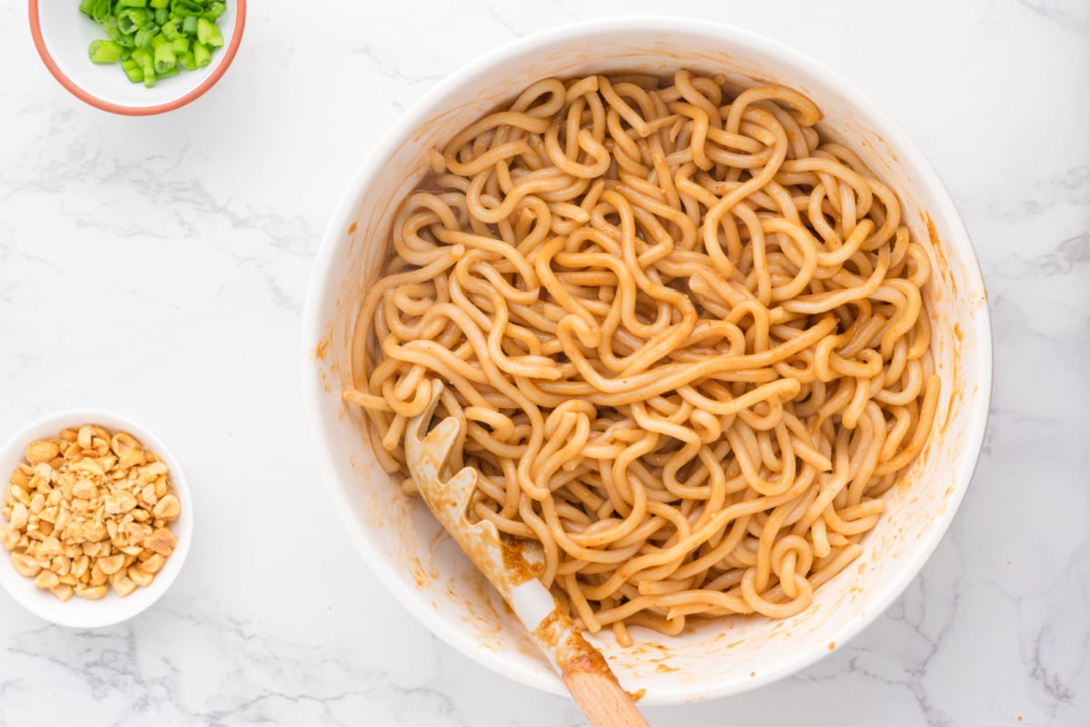 Noodles tossed in peanut butter