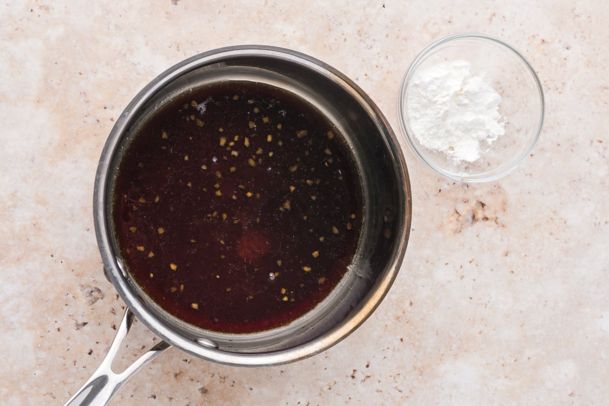 remaining teriyaki sauce and a small bowl of cornstarch