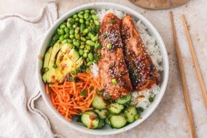 Teriyaki Salmon Bowl on a table