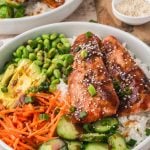 Teriyaki Salmon Bowls on a table