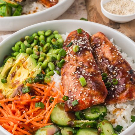 Teriyaki Salmon Bowls on a table