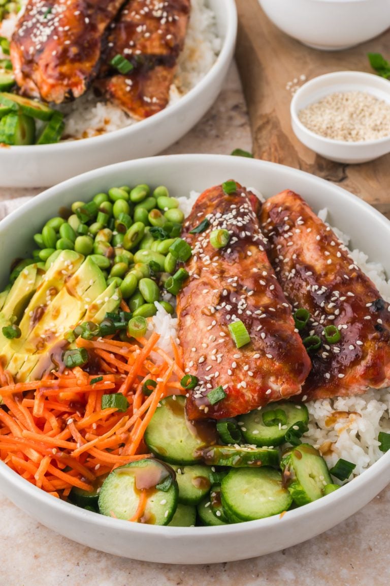 Teriyaki Salmon Bowls on a table