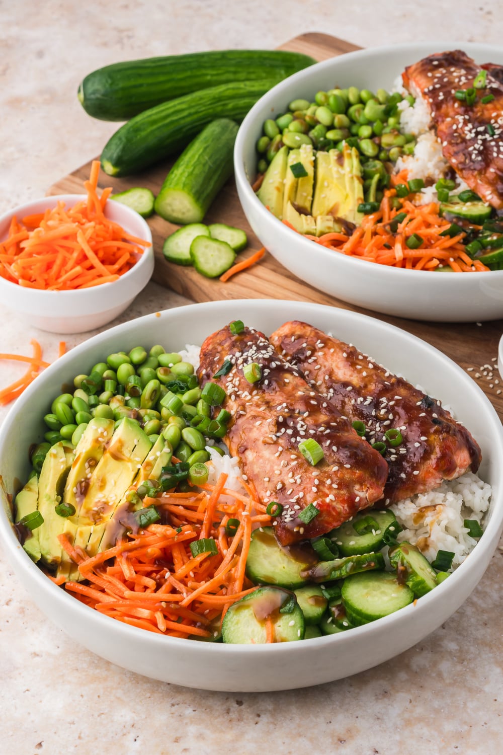 Teriyaki salmon bowl on the table