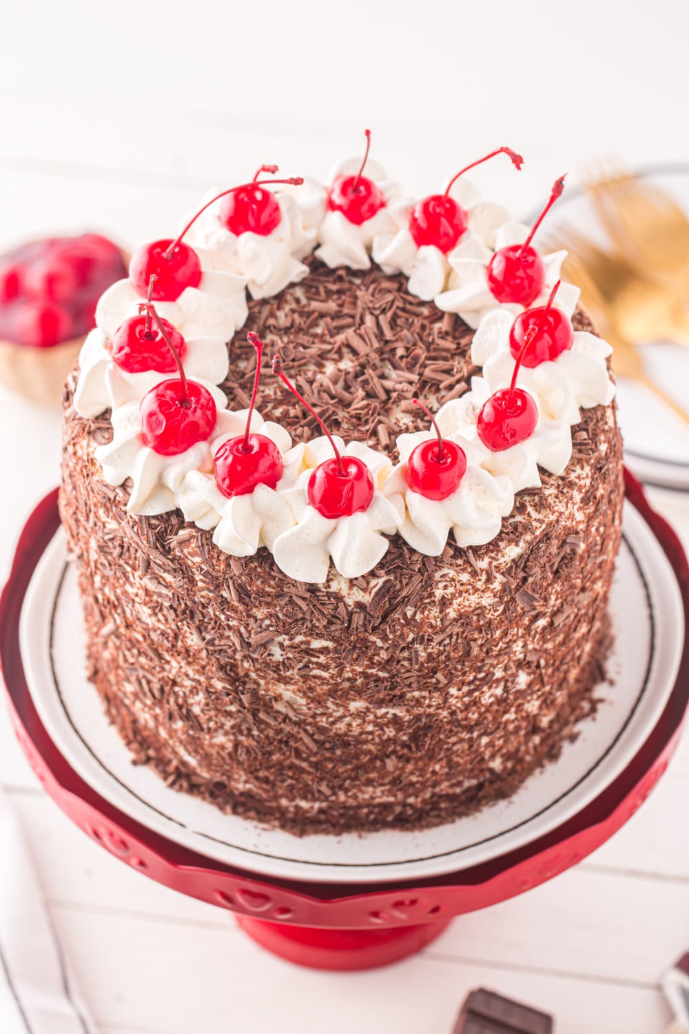 Black forest cake on cake stand