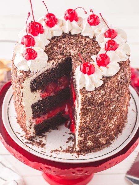 Black Forest Cake with a slice cut out