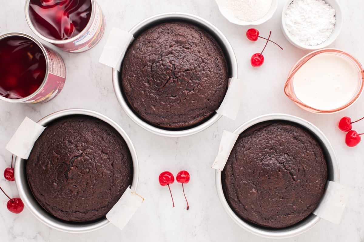 Place cake into 3 6-inch baking pans and cook