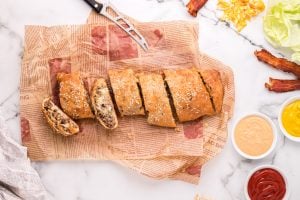 Cheeseburger Garbage Bread cut up into pieces