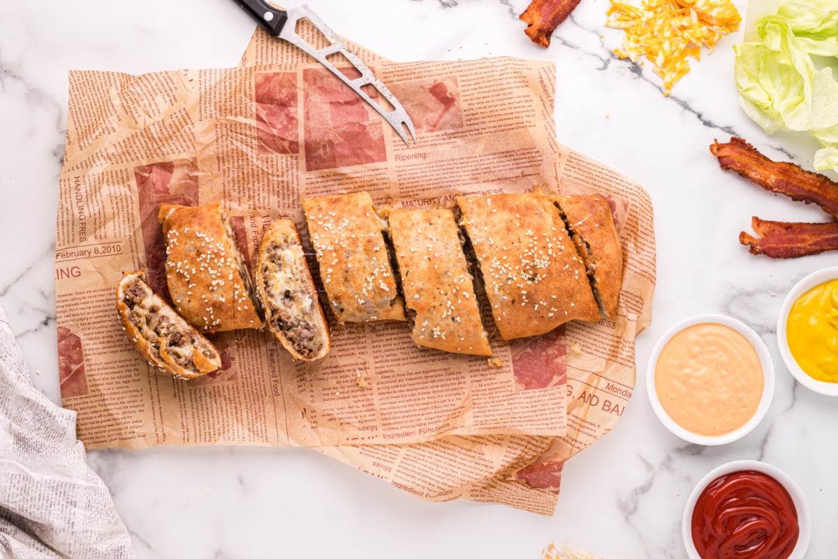 Cheeseburger Garbage Bread cut up into pieces