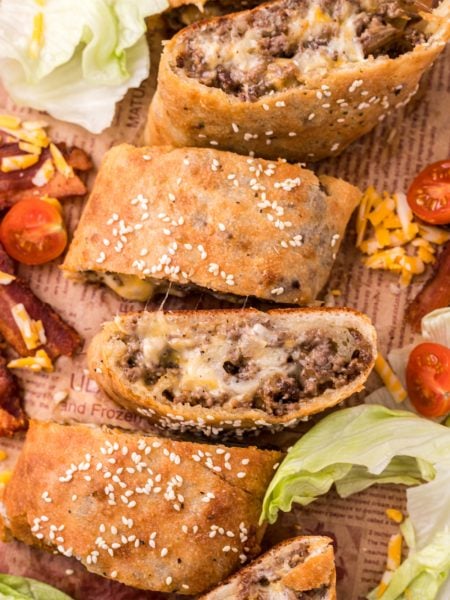 Cheeseburger Garbage Bread on a cutting board