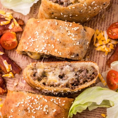 Cheeseburger Garbage Bread on a cutting board
