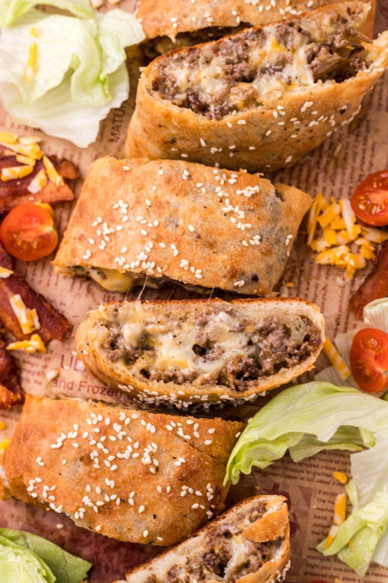 Cheeseburger Garbage Bread on a cutting board