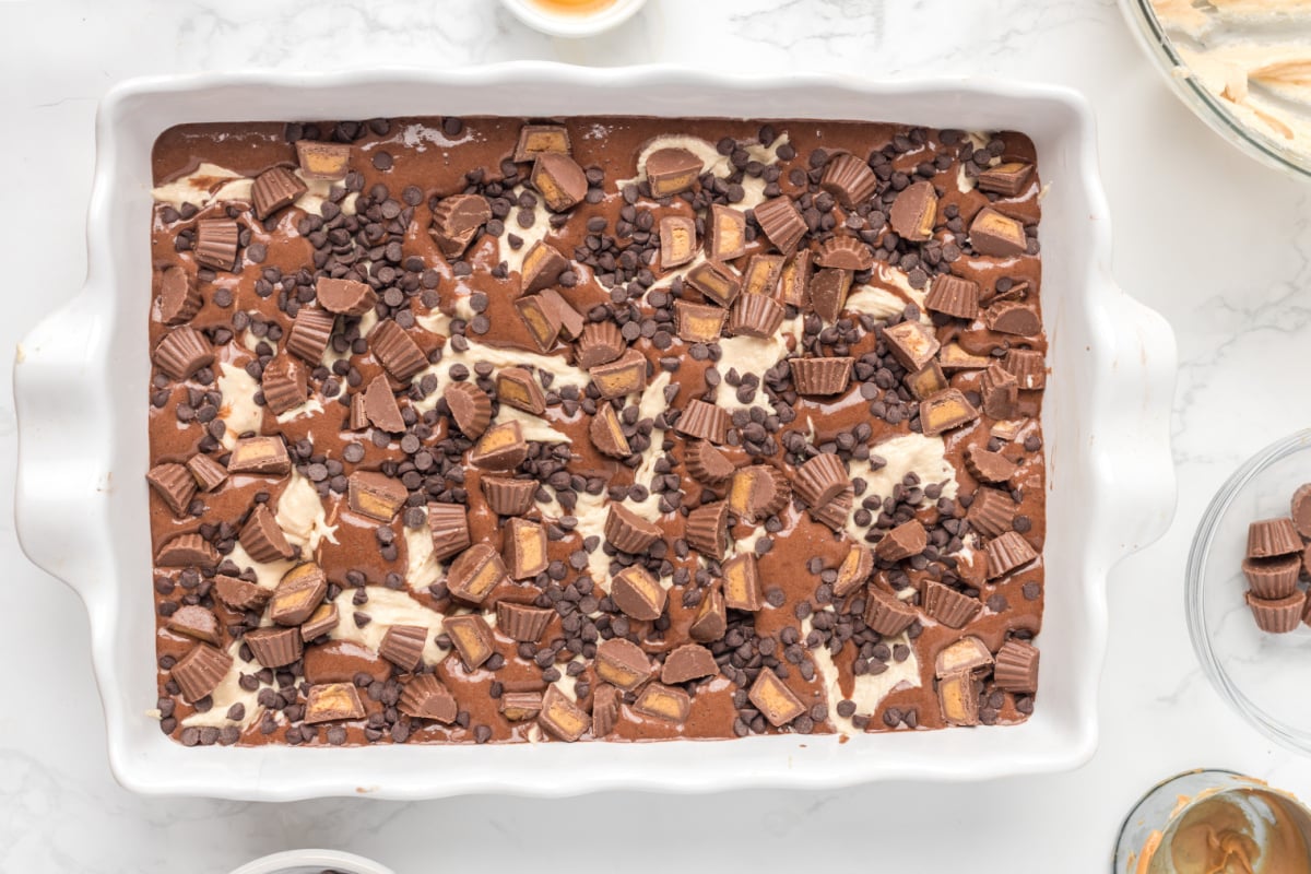 mini chocolate chips and reese added on top of the mixture