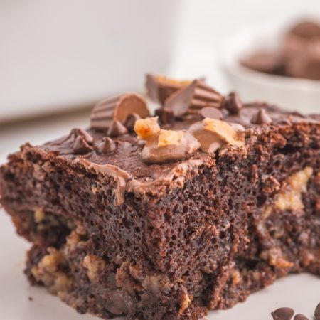 Chocolate Peanut Butter Earthquake Cake on a plate