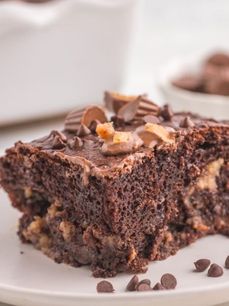 Chocolate Peanut Butter Earthquake Cake on a plate