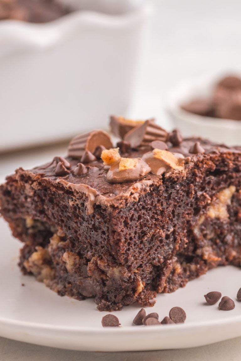 Chocolate Peanut Butter Earthquake Cake on a plate