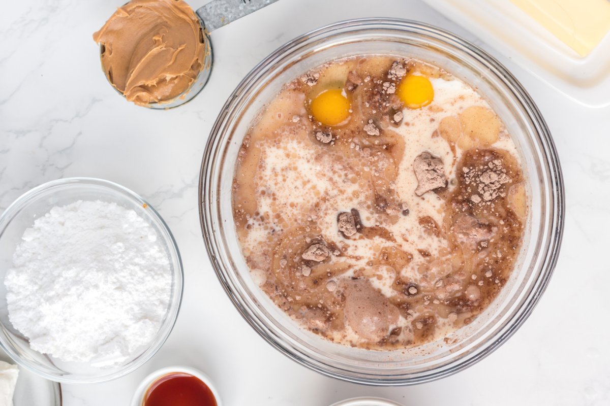 Devil's Chocolate cake mix box. Combine the cake mix, eggs, oil, and water in a bowl