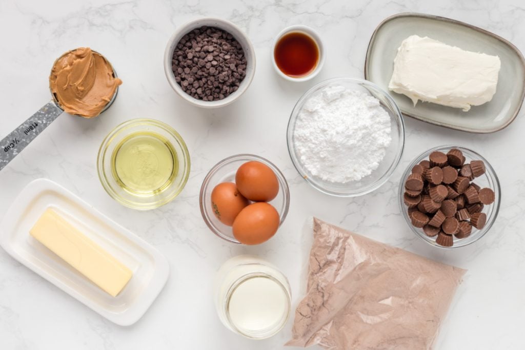 ingredient for Chocolate Peanut Butter Earthquake Cake