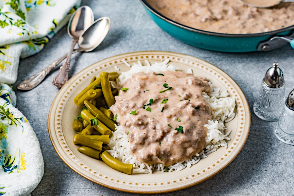 Easy Beef Hamburger Gravy served over rice