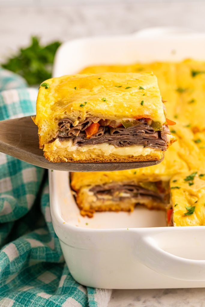 Philly Cheesesteak Squares in a baking pan