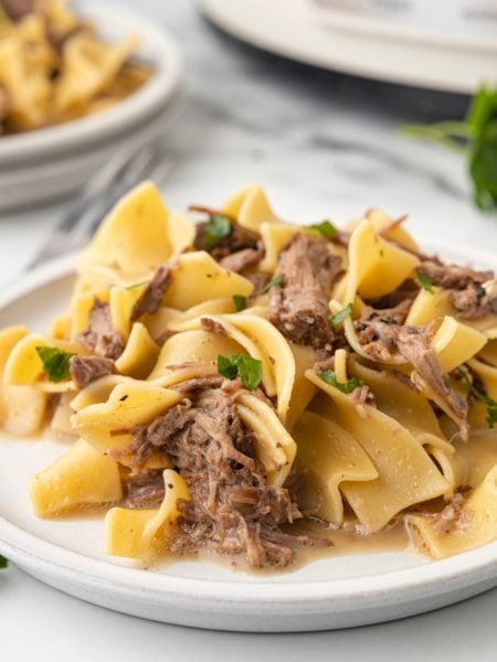 Slow Cooker Beef and Noodles on a plate
