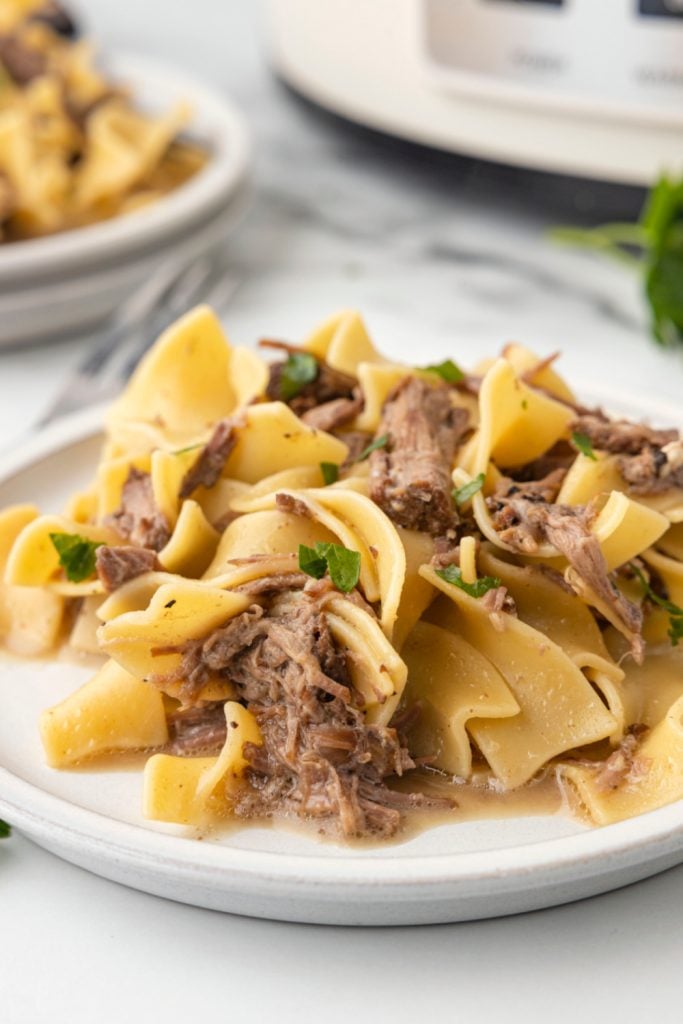 Slow cooker beef and noodles on a plate