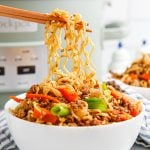 Slow cooker asian beef ramen noodles in a bowl