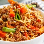 Slow cooker asian beef ramen noodles in a bowl