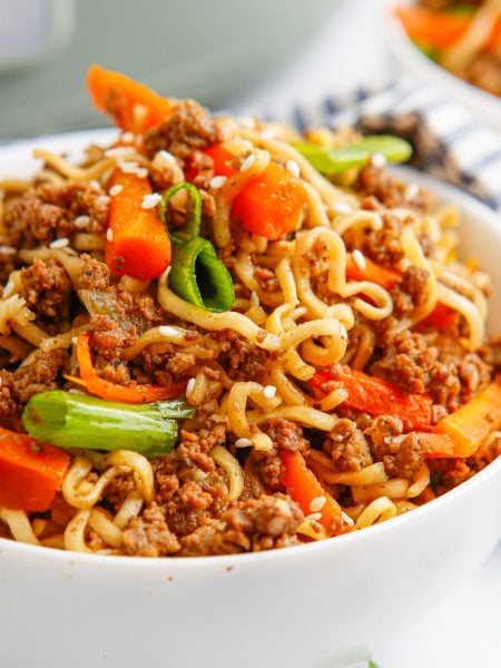 Slow cooker asian beef ramen noodles in a bowl