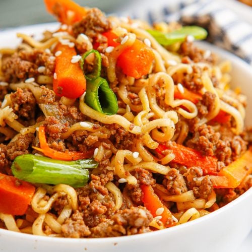 Slow cooker asian beef ramen noodles in a bowl