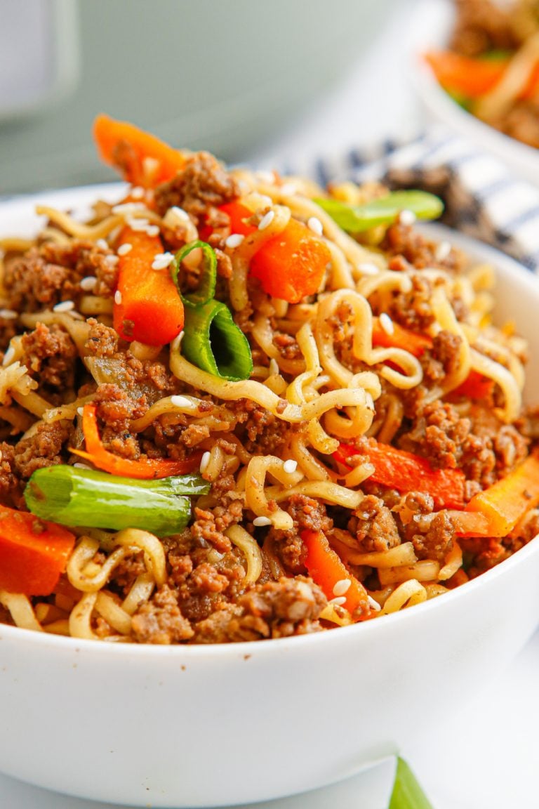 Slow cooker asian beef ramen noodles in a bowl