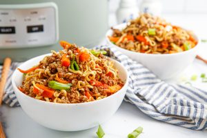 Slow cooker asian beef ramen noodles in two bowls