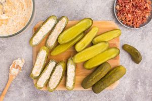 pickles scooped out with some having cream cheese filling