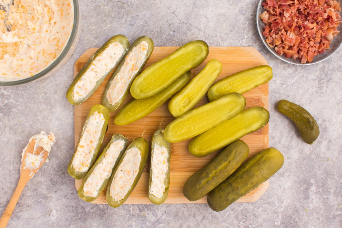 pickles scooped out with some having cream cheese filling
