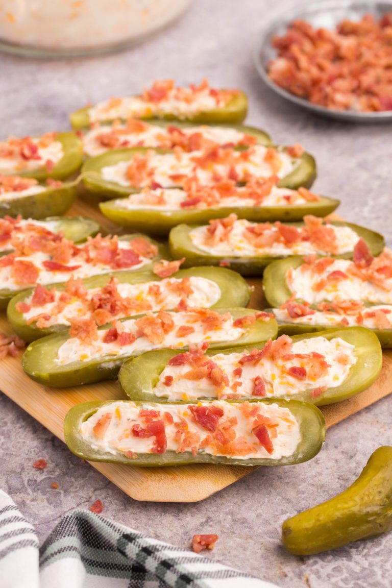 Stuffed Dill Pickles on a cutting board