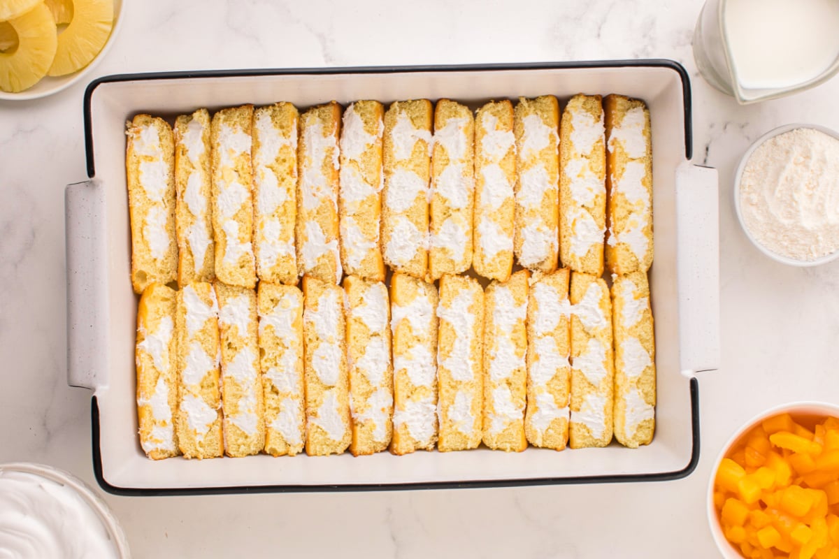 sliced twinkies in a baking dish