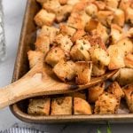 homemade Ranch croutons on a baking pan
