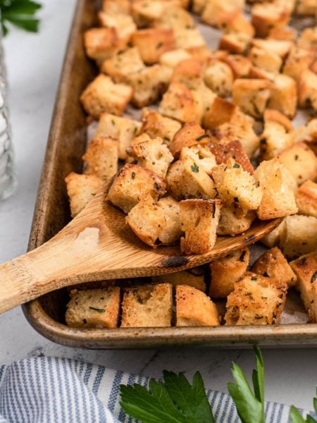 homemade Ranch croutons on a baking pan
