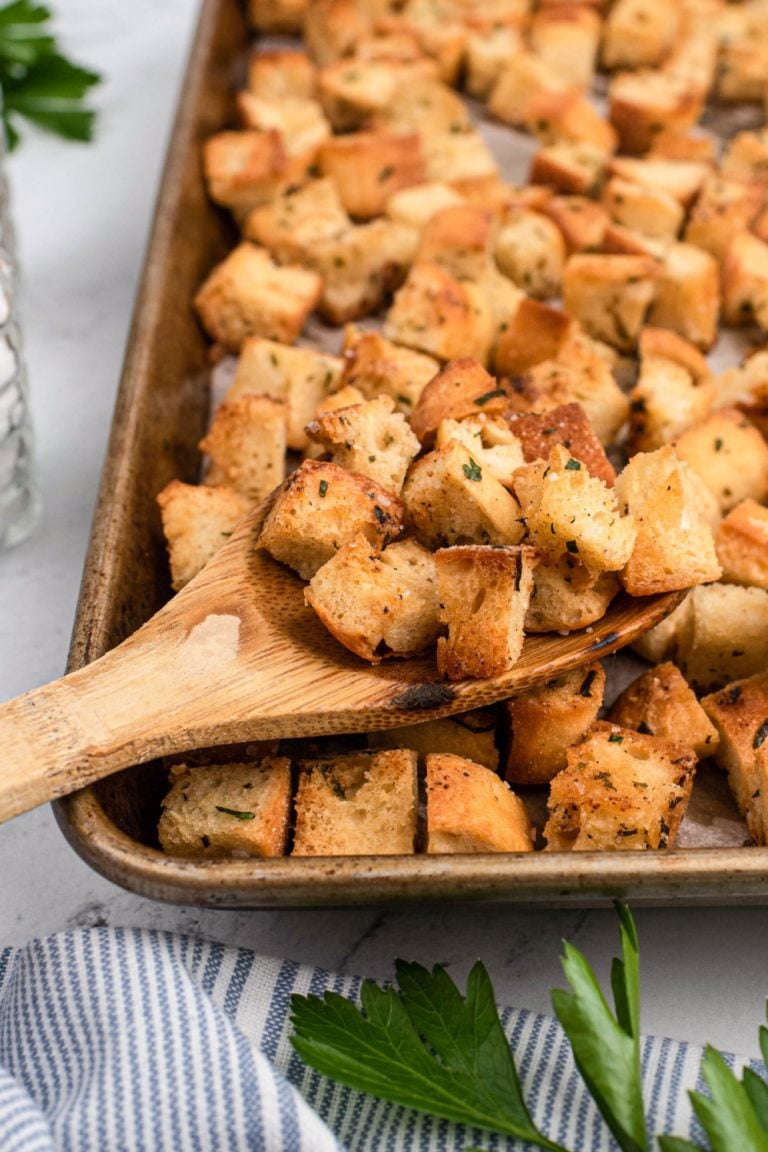 homemade Ranch croutons on a baking pan