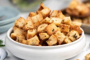 homemade Ranch croutons in a bowl