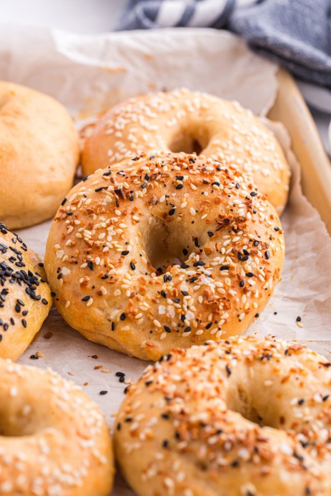 2 Ingredient Bagels on a baking sheet